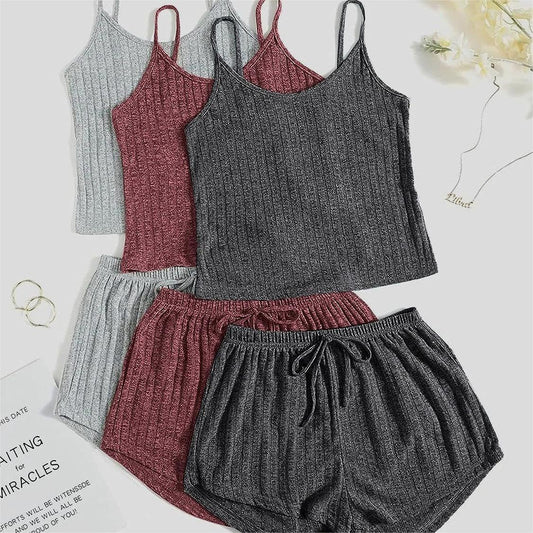 Women's Rib Knit Casual Two-piece Set Crop-top Spaghetti-strap High Suit